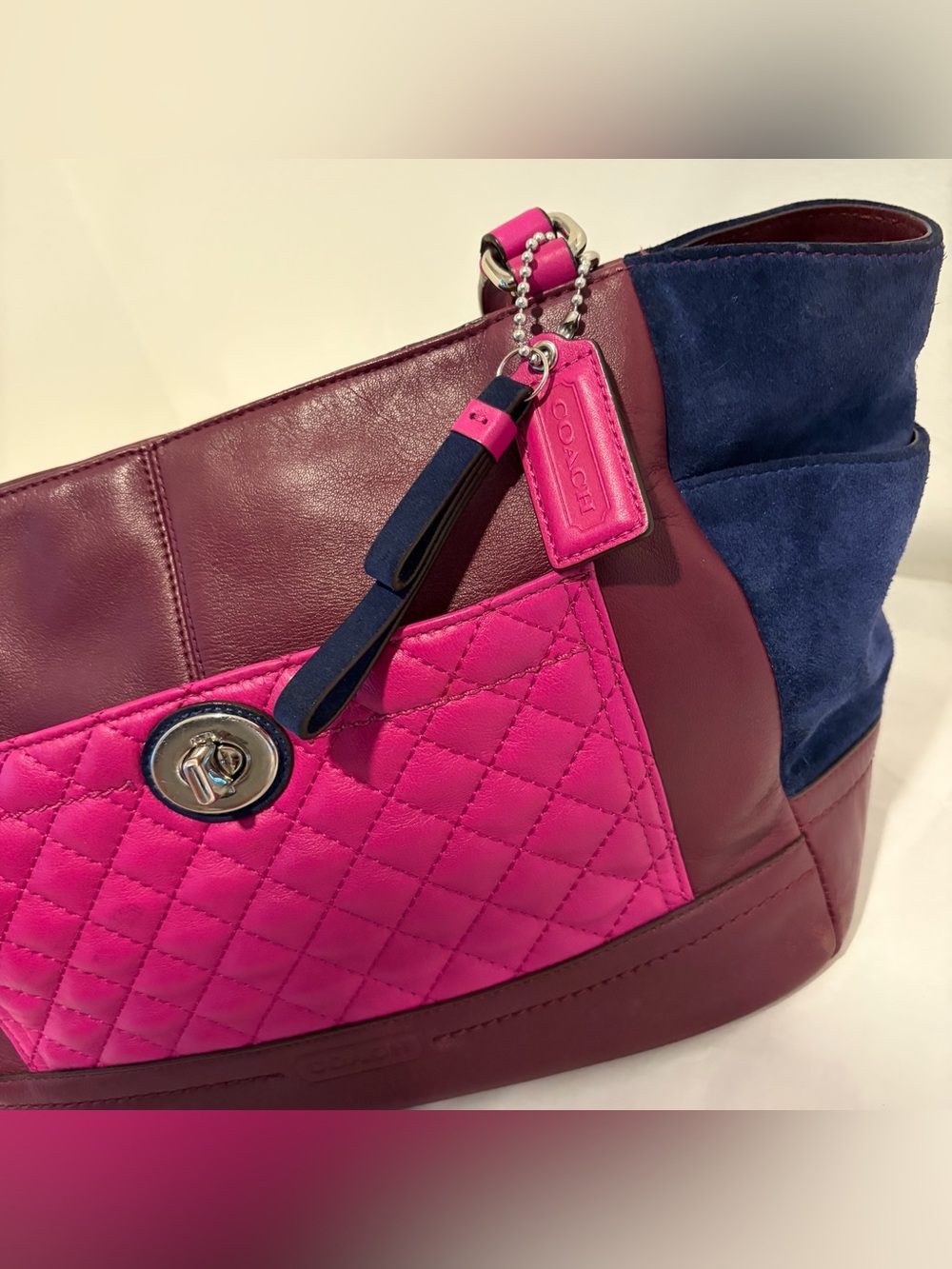 Coach #F24693 Colorblock Leather Tote Bag in Fuchsia, Burgundy & Navy - Picture 5 of 16
